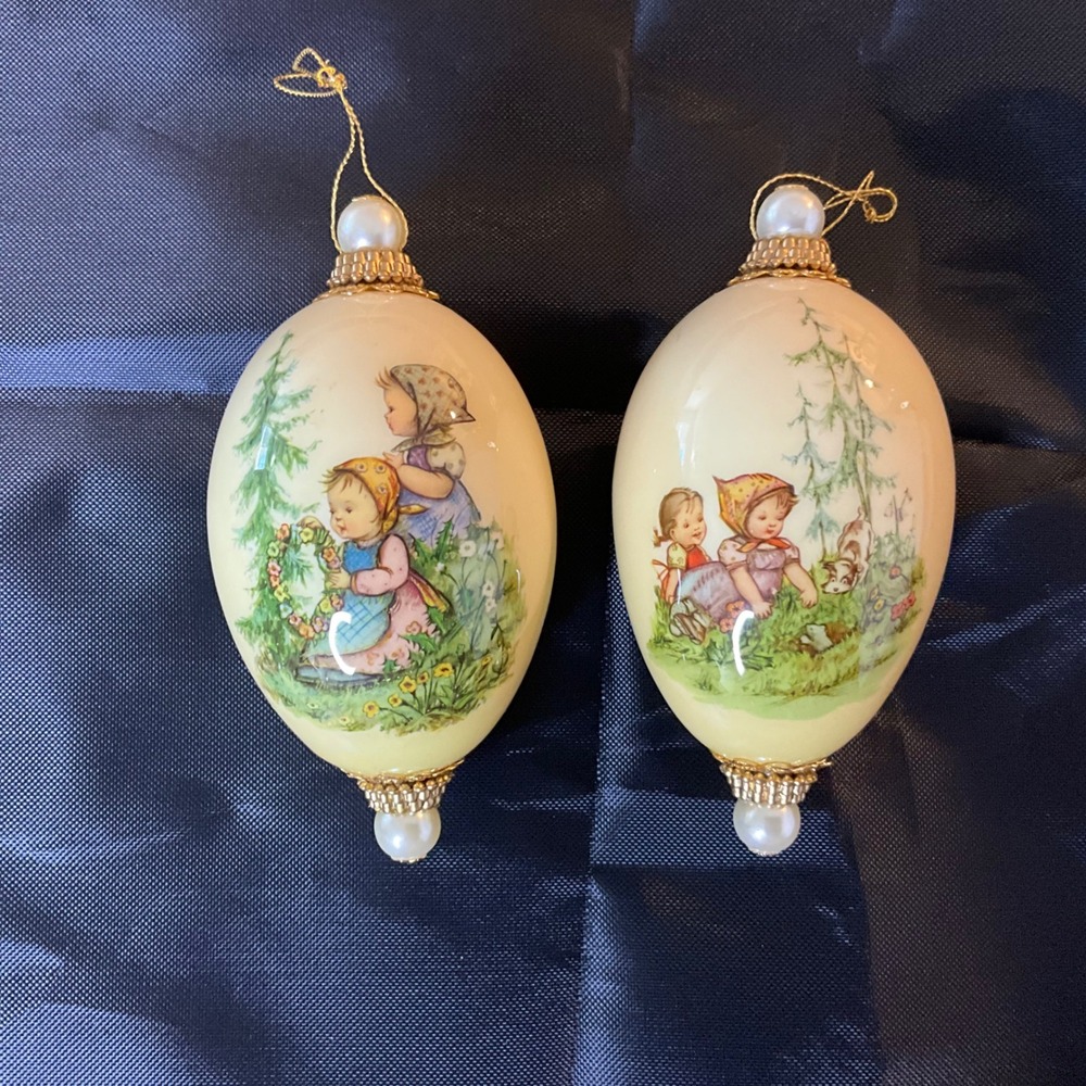 Vintage Hummel‎ Inspired Porcelain Ornaments 2 Garden Scene Christmas Coquette